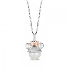 Disney Treasures Minnie Mouse Cultured Pearl & Diamond Necklace 1/10 ct tw Round-Cut Sterling Silver/10K Rose Gold 17"