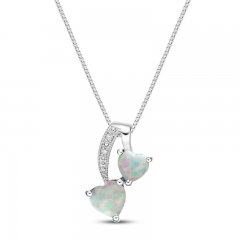 Lab-Created Opal & Diamond Heart Necklace Heart/Round-cut Sterling Silver 18"