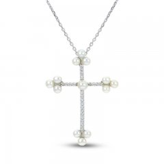 Cultured Pearl & White Lab-Created Cross Necklace Sterling Silver 18"