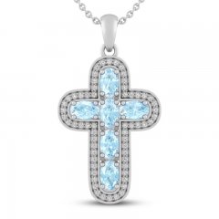 Aquamarine & White Lab-Created Sapphire Cross Necklace Sterling Silver 18"