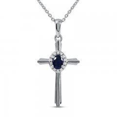 Blue Sapphire & Diamond Cross Necklace 1/20 ct tw 10K White Gold 18"