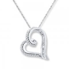 Diamond Heart Necklace 1/6 ct tw Round/Baguette Sterling Silver