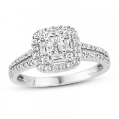 Diamond Engagement Ring 5/8 ct tw Round/Baguette 14K White Gold