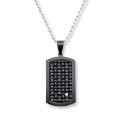 Men's Dog Tag Necklace Diamond Accent Stainless Steel/Leather