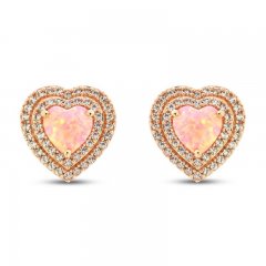 Pink Lab-Created Opal & White Lab-Created Sapphire Heart Earrings 10K Rose Gold