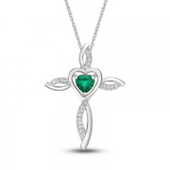 Lab-Created Emerald & White Lab-Created Sapphire Cross Necklace Sterling Silver 18"