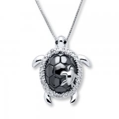 Turtle Necklace Black/White Diamonds Sterling Silver