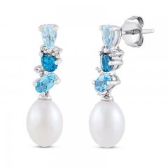 Cultured Pearl, Blue Topaz & White Topaz Earrings Sterling Silver