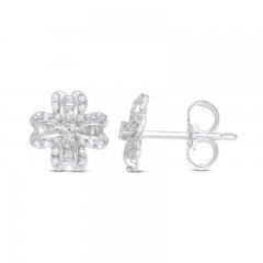 Diamond Clover Earrings 1/5 ct tw Round/Baguette 10K White Gold