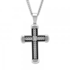 Men's Cross Necklace Diamond Accent Stainless Steel 24" Length