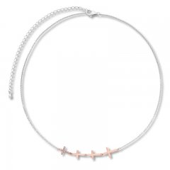 Diamond Cross Choker Necklace Sterling Silver/10K Rose Gold