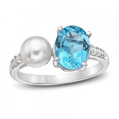 Blue Topaz/Cultured Pearl & White Lab-Created Sapphire Two-Stone Ring Sterling Silver