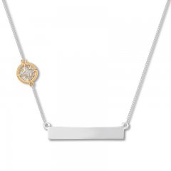 "Wanderlust" Bar Necklace with Compass Sterling Silver/10K Gold