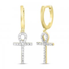 Men's Diamond Angel Cross Hoop Dangle Earrings 1/4 ct tw Round-cut 10K Yellow Gold