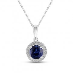 Blue Sapphire Necklace 1/15 ct tw Diamonds 10K White Gold 18"