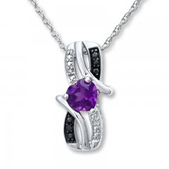 Amethyst Heart Necklace Black/White Diamonds Sterling Silver