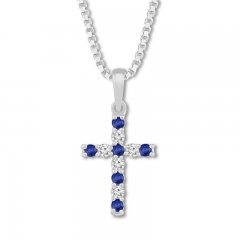 Blue/White Lab-Created Sapphire Cross Necklace Sterling Silver