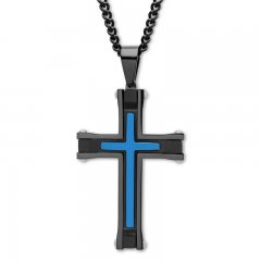 Men's Cross Necklace Black & Blue Ion-Plated Stainless Steel