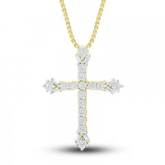 Diamond Cross Necklace 1/6 ct tw Round/Baguette 10K Yellow Gold 18"