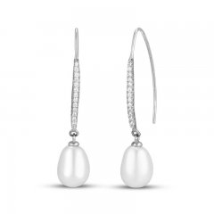 Cultured Pearl & White Lab-Created Sapphire Drop Earrings Oval/Round-Cut Sterling Silver