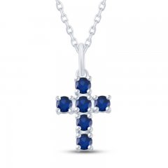 Blue Lab-Created Sapphire Cross Necklace Sterling Silver 18"