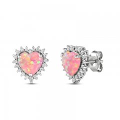 Pink Lab-Created Opal & White Lab-Created Sapphire Heart Earrings Sterling Silver