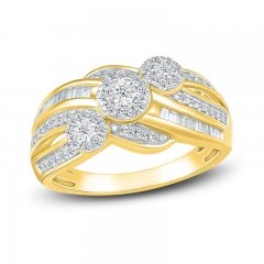 Diamond Three Flower Ring 1/2 ct tw Round & Baguette-cut 10K Yellow Gold