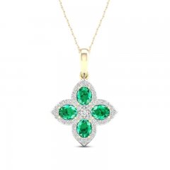 Emerald Flower Necklace 1/6 ct tw Diamonds 10K Yellow Gold 18"