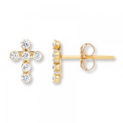 Cross Young Teen Earrings Cubic Zirconia 14K Yellow Gold