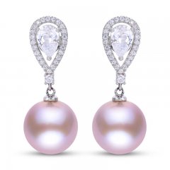 Pink Cultured Pearl & White Topaz Dangle Earrings Sterling Silver