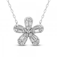 Diamond Flower Necklace 1/4 ct tw Round & Baguette-cut 10K White Gold 18"