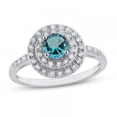 Oceanic Blue Topaz & White Topaz Double Halo Ring Sterling Silver