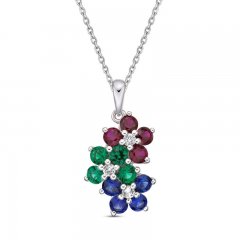 Lab-Created Ruby, Lab-Created Emerald, Blue & White Lab-Created Sapphire Necklace Sterling Silver 18"