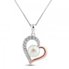 Freshwater Pearl & White Topaz Heart Necklace Sterling Silver/10K Rose Gold 18"