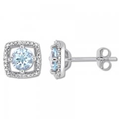 Aquamarine Earrings 1/15 ct tw Diamonds 10K White Gold