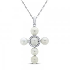 Cultured Pearl & White Lab-Created Sapphire Cross Necklace Sterling Silver 18"