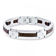 Men's Bracelet 1/10 ct tw Diamonds Stainless Steel/Leather