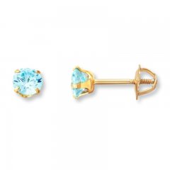 Children's Stud Earrings Blue Cubic Zirconia 14K Yellow Gold