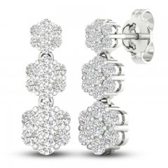 Diamond Triple Flower Drop Earrings 1 ct tw Round-cut 10K White Gold