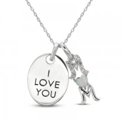 Lab-Created Opal & White Lab-Created Sapphire 'I Love You Mom' Necklace Sterling Silver 18"