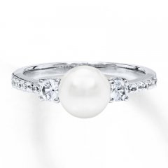 Cultured Pearl Ring Lab-Created White Sapphires Sterling Silver