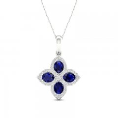 Blue Sapphire Flower Necklace 1/6 ct tw Diamonds 10K White Gold 18"