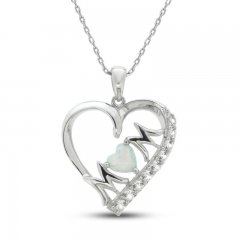 Lab-Created Opal & White Lab-Created Sapphire 'Mom' Heart Necklace Sterling Silver 18"