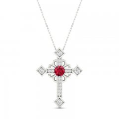 Ruby & Diamond Cross Necklace 1/20 ct two 10K White Gold 18"