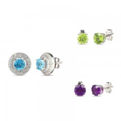 Swiss Blue Topaz, Amethyst, Peridot & White Lab-Created Sapphire Earrings Set Sterling Silver