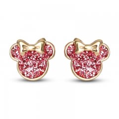 Children's Minnie Mouse Pink Glitter Stud Earrings 14K Yellow Gold