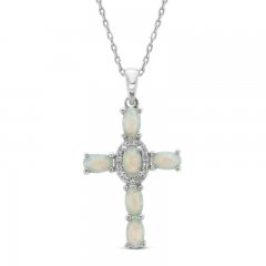 Lab-Created Opal & White Lab-Created Sapphire Cross Necklace Sterling Silver 18"