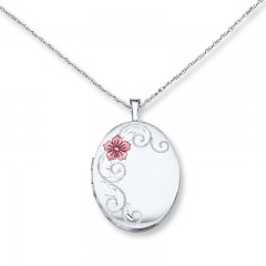 Oval Locket Necklace Flower Sterling Silver