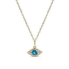 Blue Topaz & Diamond Evil Eye Necklace 1/15 ct tw Round-Cut 10K Yellow Gold 18"