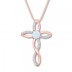 Lab-Created Opal Cross Necklace with Diamonds 10K Rose Gold